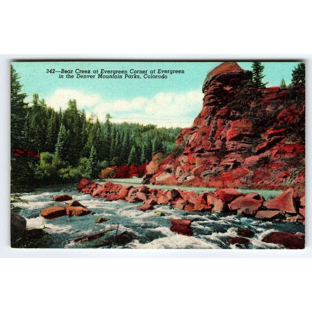 Bear Creek At Evergreen Corner Park Denver Colorado Linen Postcard Vintage Card
